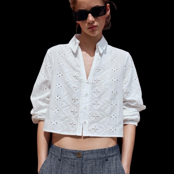 Zara Elegant White Eyelet Women's Top crop large - Picture 1 of 6